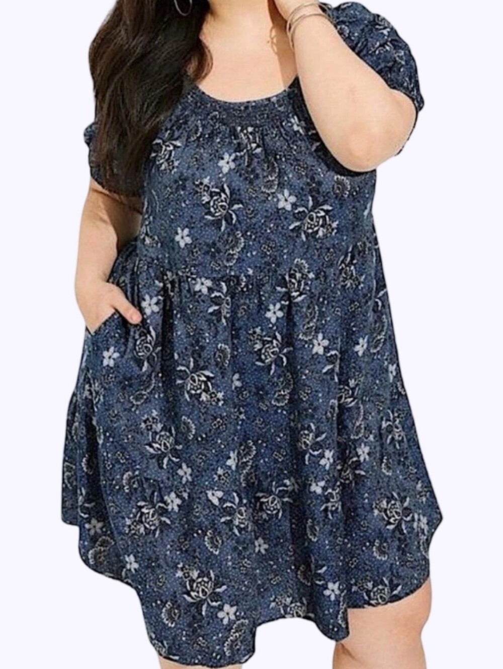 Torrid Blue Floral Paisley Smocked Puff‎ Sleeve Tiered Babydoll Mini Dress NWT